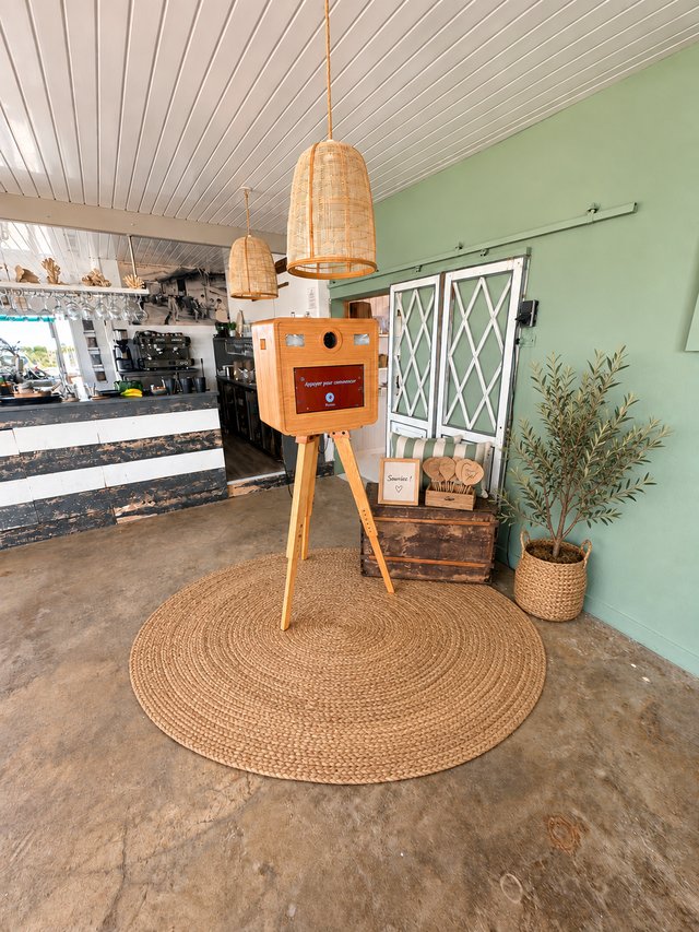Borne photo en bois clair, tapis en jute, paniers et suspensions dans une salle aux murs verts.