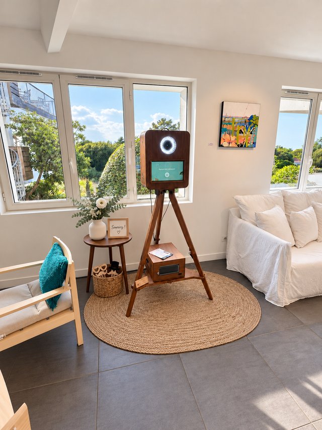 Photobooth en bois foncé, tapis rond en jute et accessoires dans une pièce lumineuse.
