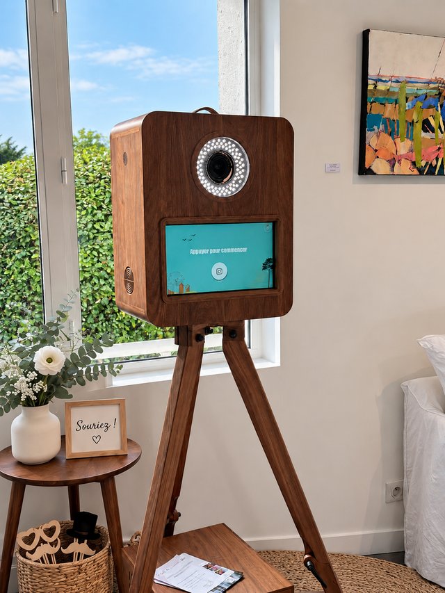 Borne photo en bois foncé avec anneau lumineux, écran tactile et imprimante au pied du trépied.