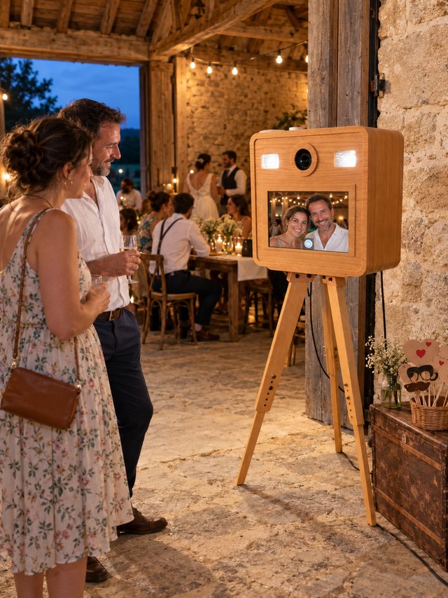 Invités devant un photobooth en bois à l’entrée d’une salle de réception éclairée de guirlandes.