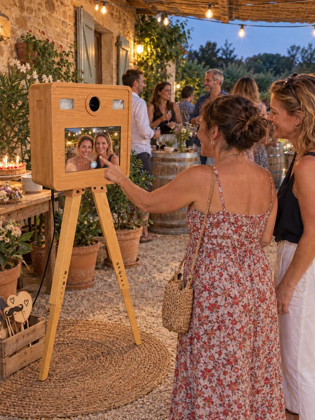 Invitées devant une borne photo en bois sous une terrasse éclairée de guirlandes.